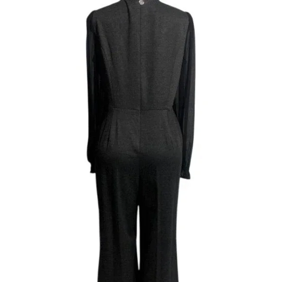 Tommy Hilfiger Women's Dark Gray Wide Leg Jumpsuit Sheer Sleeve Tie Neck Size 12 - Picture 2 of 6